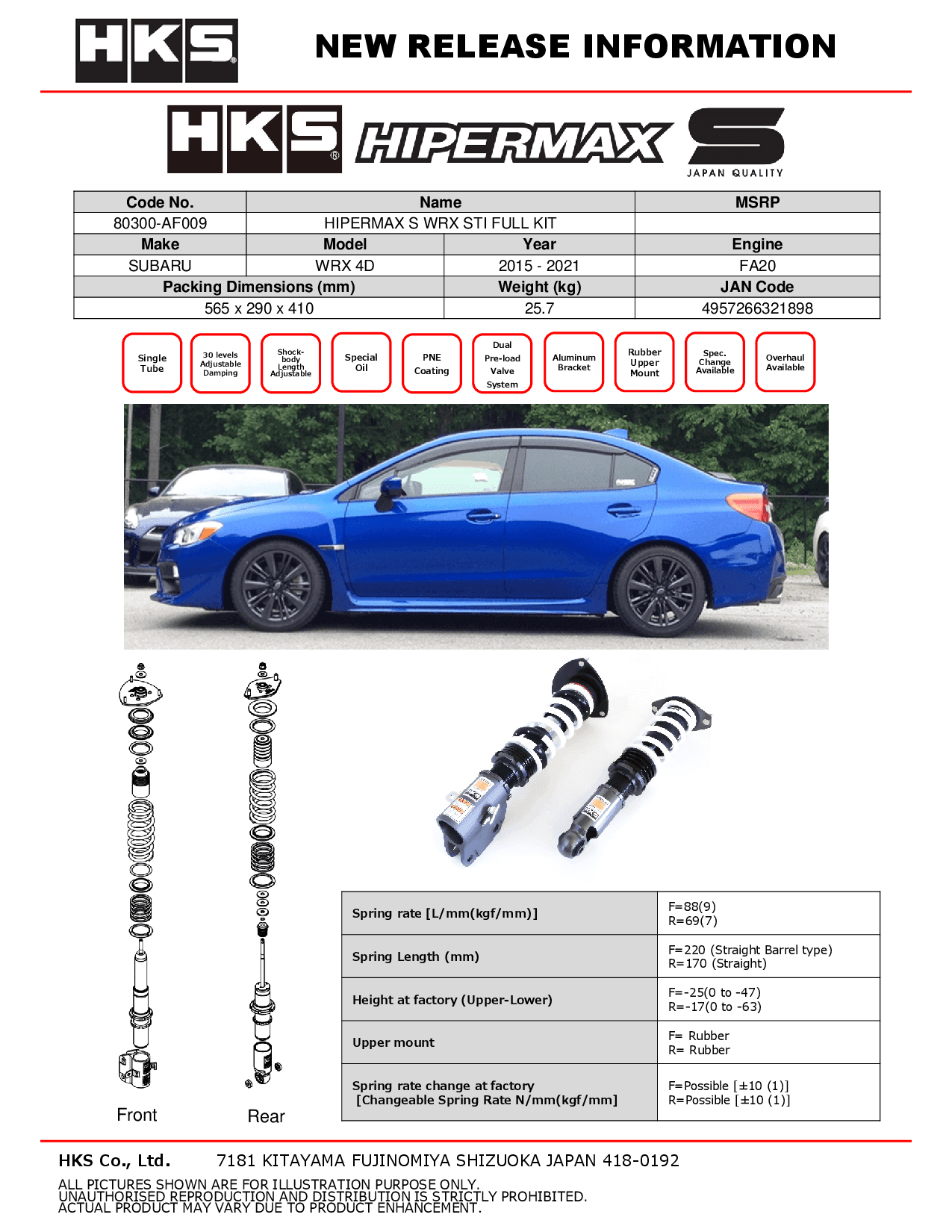 HKS HIPERMAX S Coilovers for Subaru WRX STI 2015-2021 – Full Suspension Kit (80300-AF009)