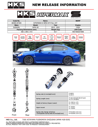HKS HIPERMAX S Coilovers for Subaru WRX STI 2015-2021 – Full Suspension Kit (80300-AF009)