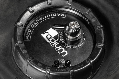 Close-up of a Radium Engineering automotive component on a dark background